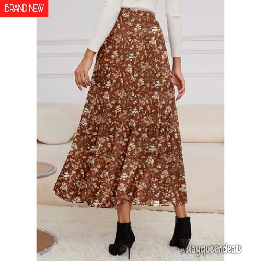 Chiffon Maxi Skirt Elastic Waist Flowy A-Line Pleated Long Boho Fall - Picture 3 of 8